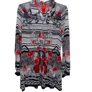 Cristina Creations Floral‎ Tunic Top Womens L Long Sleeve Sheer Gray Red